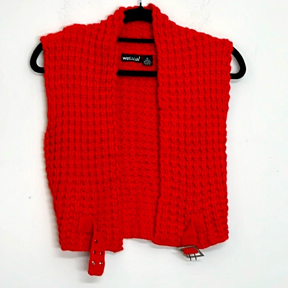 🌞 Wet Seal red crochet open knit sweater vest bottom faux belt latch unisex M